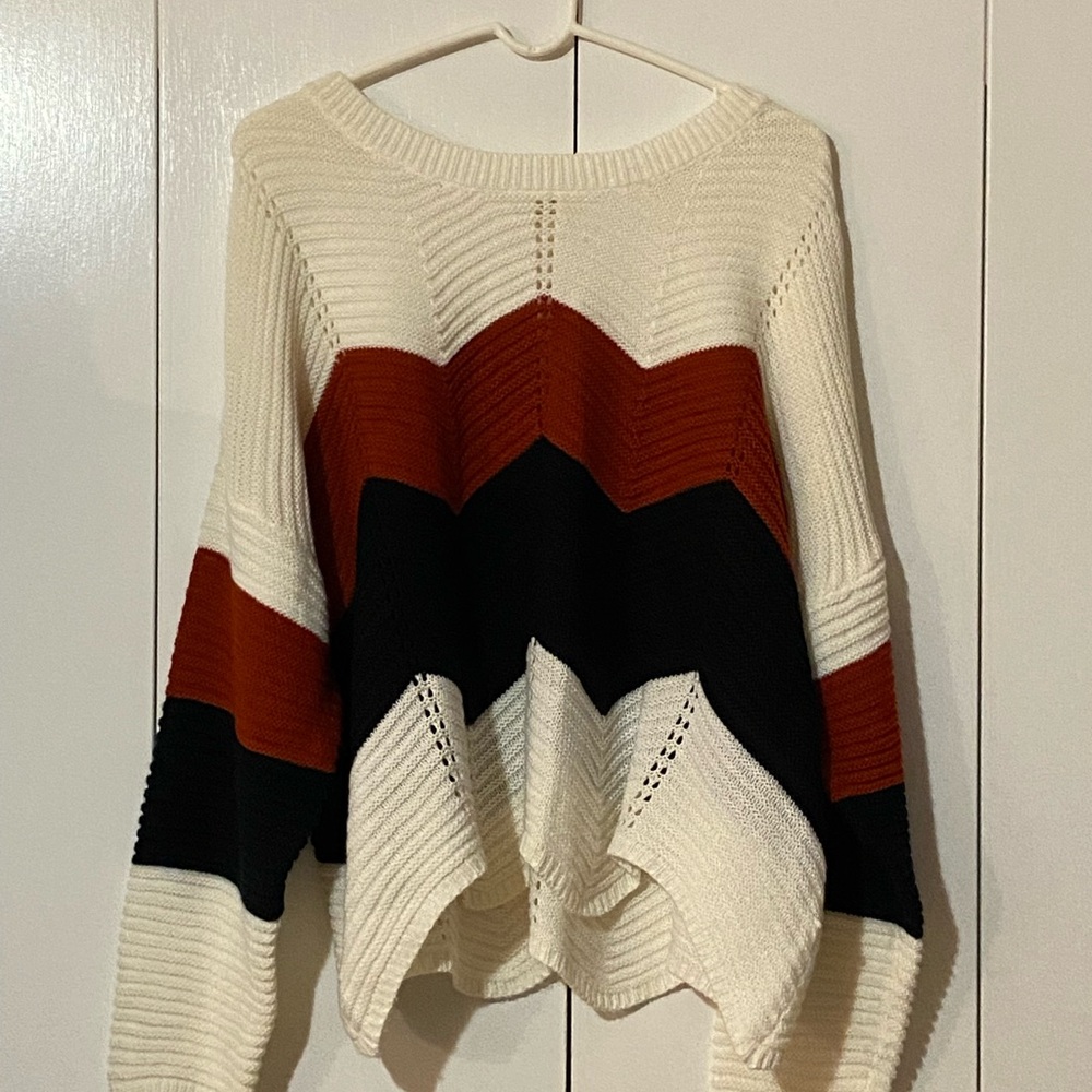 Chic Chevron Knit Sweater in Cream, Black, and Burnt Orange